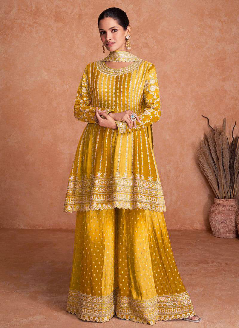 Lorenvalley Women Shaded Yellow Chinon Silk Fabric Embroidered Kurta Palazzo & With Dupatta