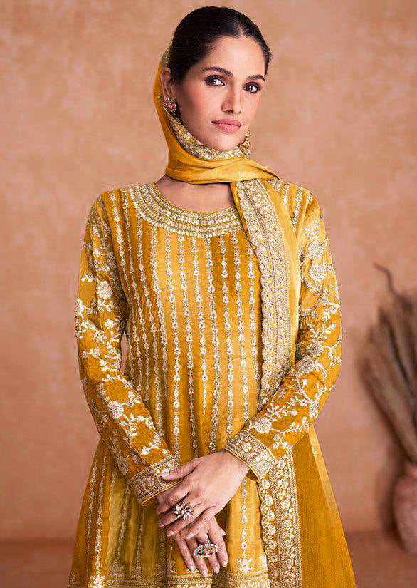 Lorenvalley Women Shaded Yellow Chinon Silk Fabric Embroidered Kurta Palazzo & With Dupatta