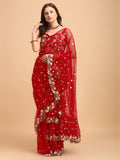 Lorenvalley Fashion Red Butterfly Net Ruffle Saree with Fancy Sequence work & Blouse