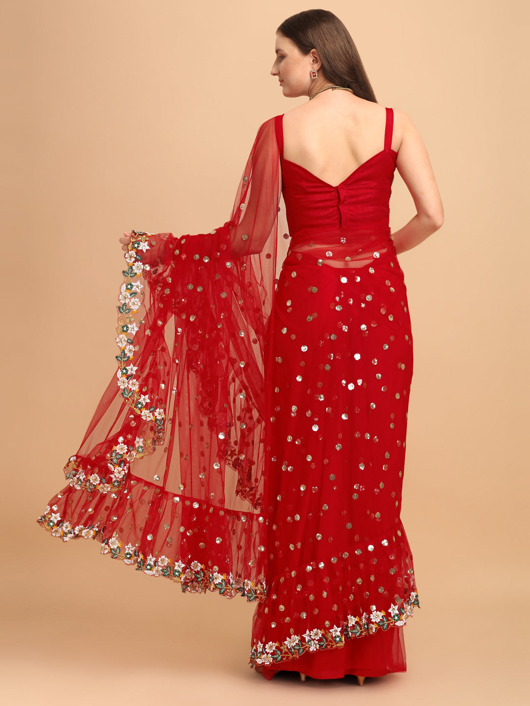 Lorenvalley Fashion Red Butterfly Net Ruffle Saree with Fancy Sequence work & Blouse