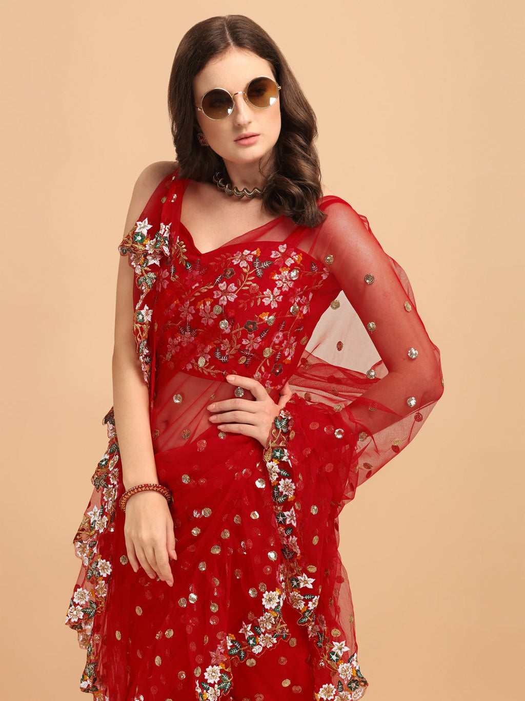 Lorenvalley Fashion Red Butterfly Net Ruffle Saree with Fancy Sequence work & Blouse
