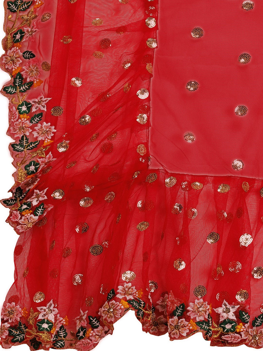 Lorenvalley Fashion Red Butterfly Net Ruffle Saree with Fancy Sequence work & Blouse