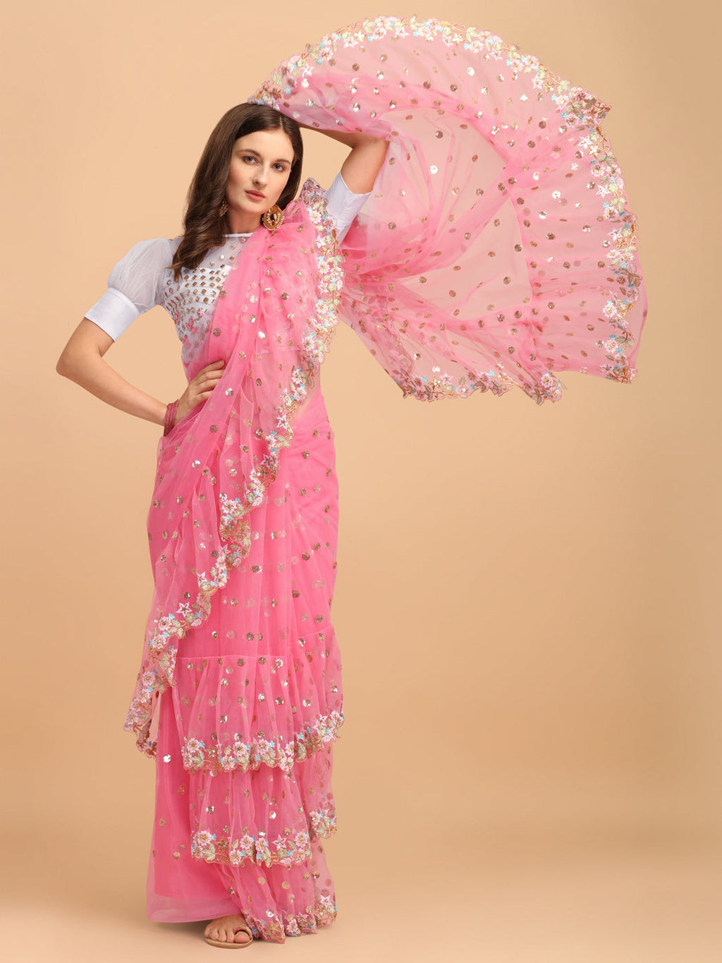 Lorenvalley Fashion Pink Butterfly Net Ruffle Saree with Fancy Sequence work & Blouse