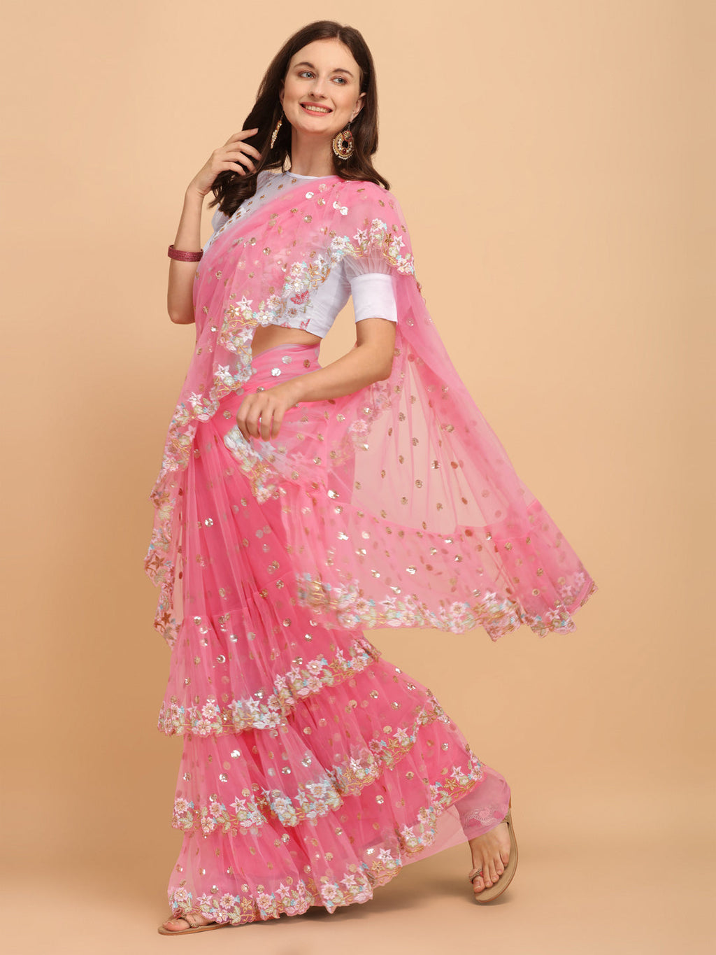 Lorenvalley Fashion Pink Butterfly Net Ruffle Saree with Fancy Sequence work & Blouse