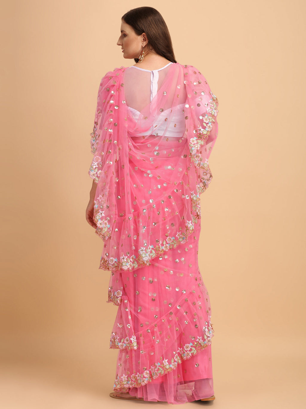Lorenvalley Fashion Pink Butterfly Net Ruffle Saree with Fancy Sequence work & Blouse