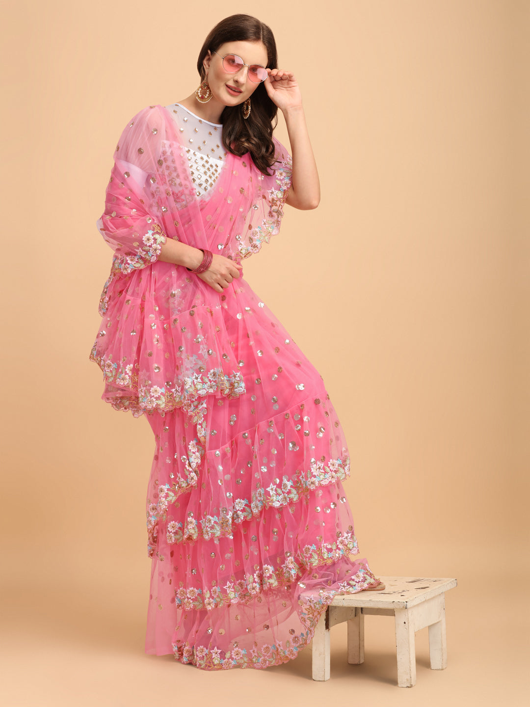 Lorenvalley Fashion Pink Butterfly Net Ruffle Saree with Fancy Sequence work & Blouse