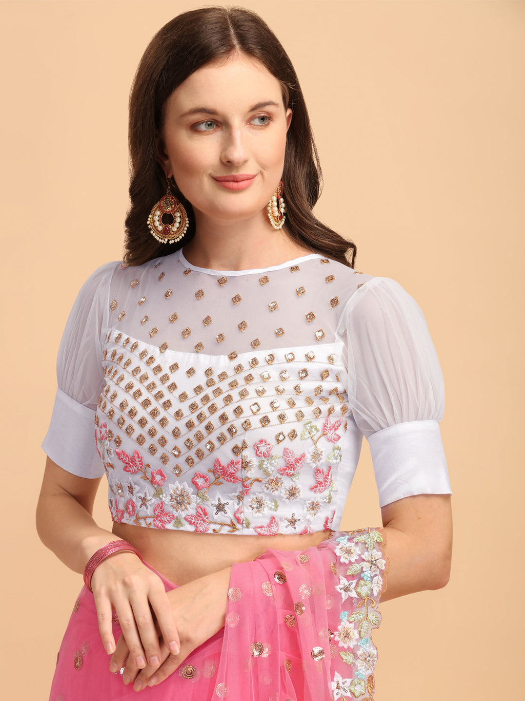Lorenvalley Fashion Pink Butterfly Net Ruffle Saree with Fancy Sequence work & Blouse