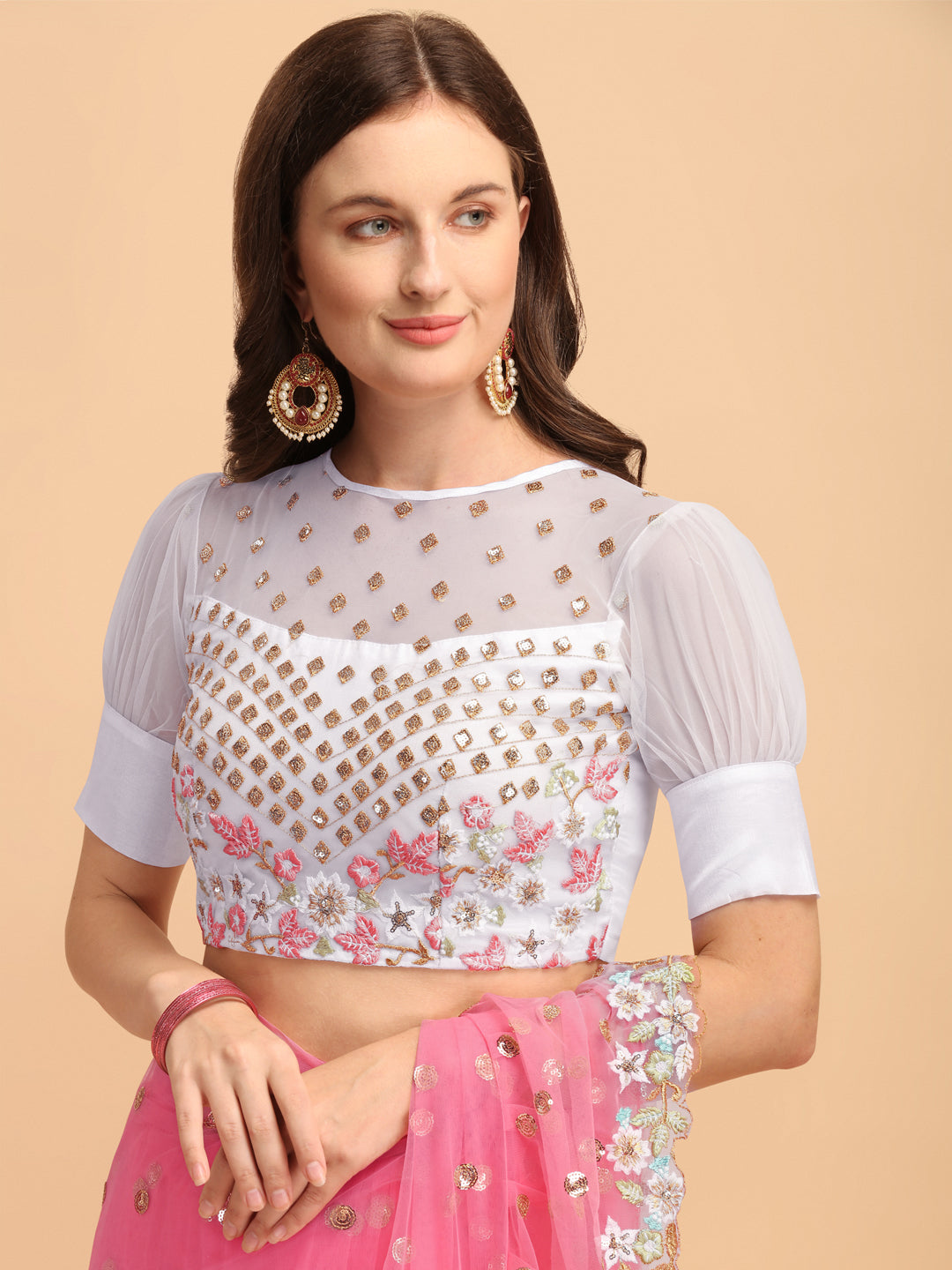 Lorenvalley Fashion Pink Butterfly Net Ruffle Saree with Fancy Sequence work & Blouse