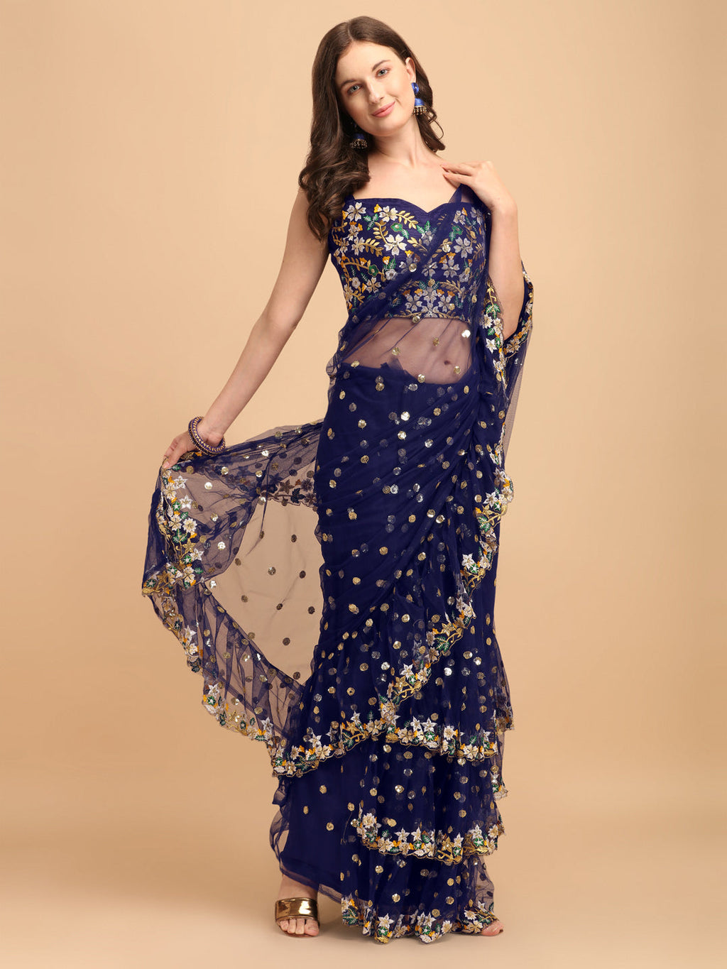 Lorenvalley Fashion Blue Butterfly Net Ruffle Saree with Fancy Sequence work & Blouse
