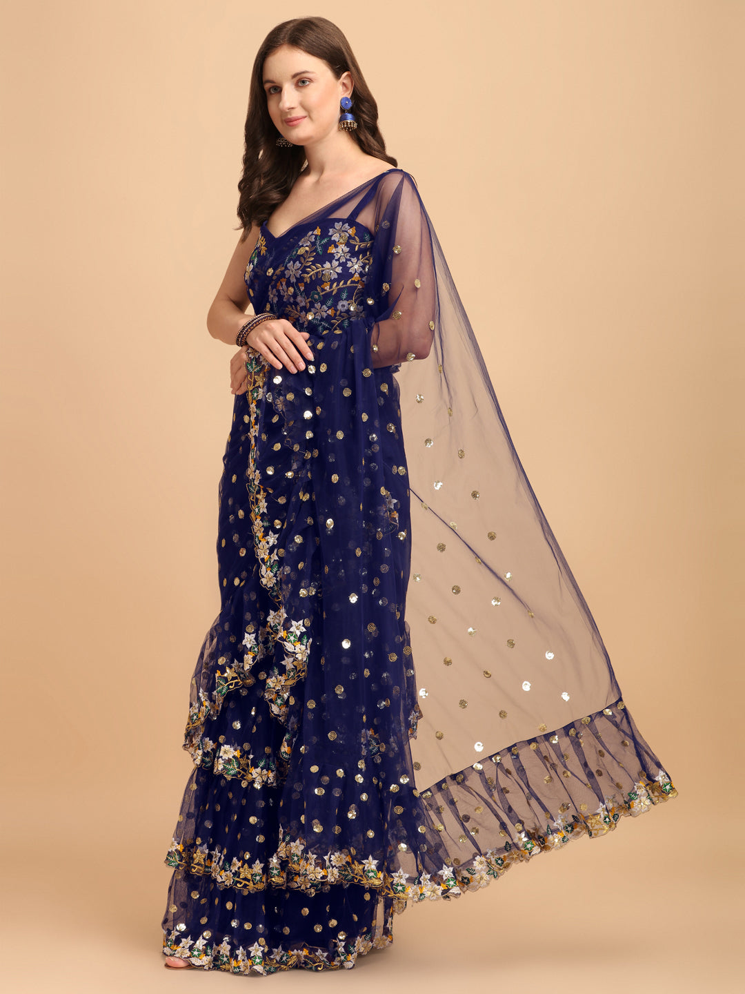Lorenvalley Fashion Blue Butterfly Net Ruffle Saree with Fancy Sequence work & Blouse