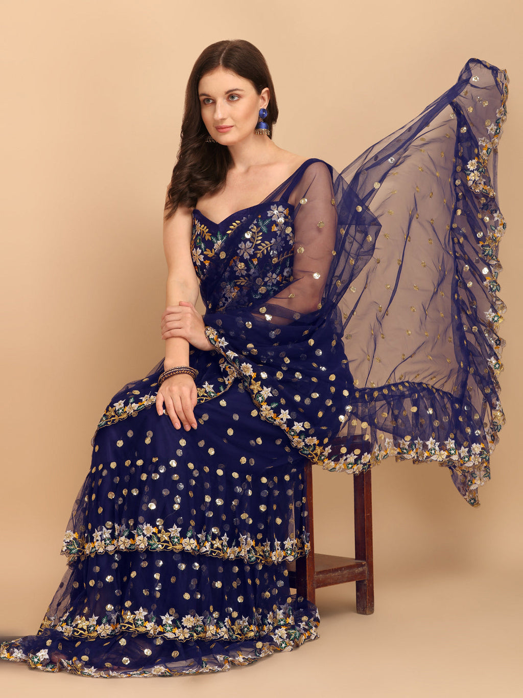 Lorenvalley Fashion Blue Butterfly Net Ruffle Saree with Fancy Sequence work & Blouse