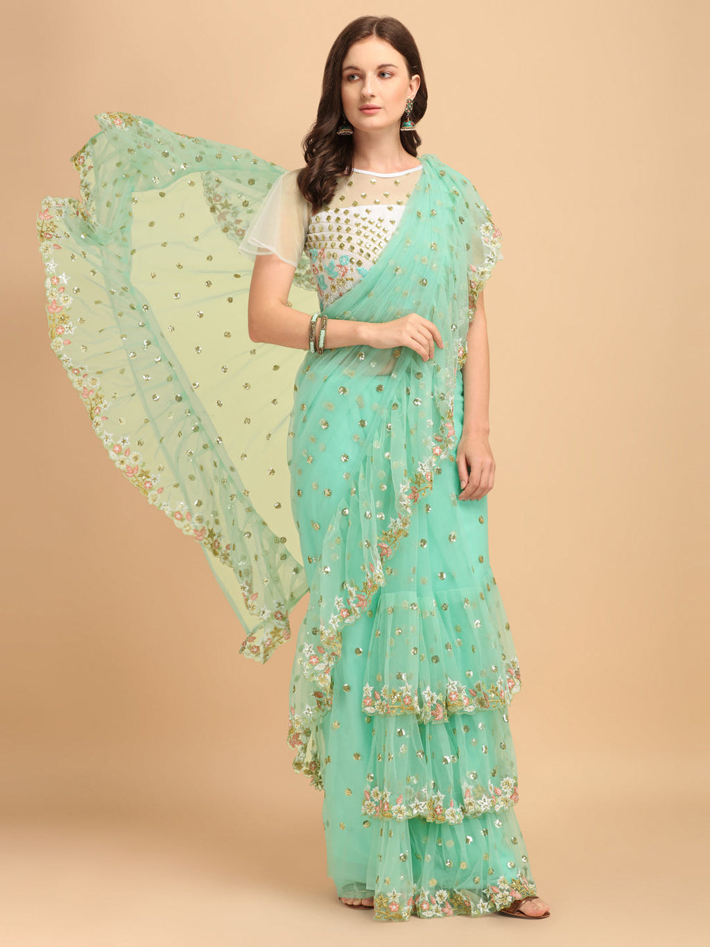 Lorenvalley Fashion Seagreen Butterfly Net Ruffle Saree with Fancy Sequene work & Blousec