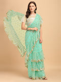 Lorenvalley Fashion Seagreen Butterfly Net Ruffle Saree with Fancy Sequene work & Blousec
