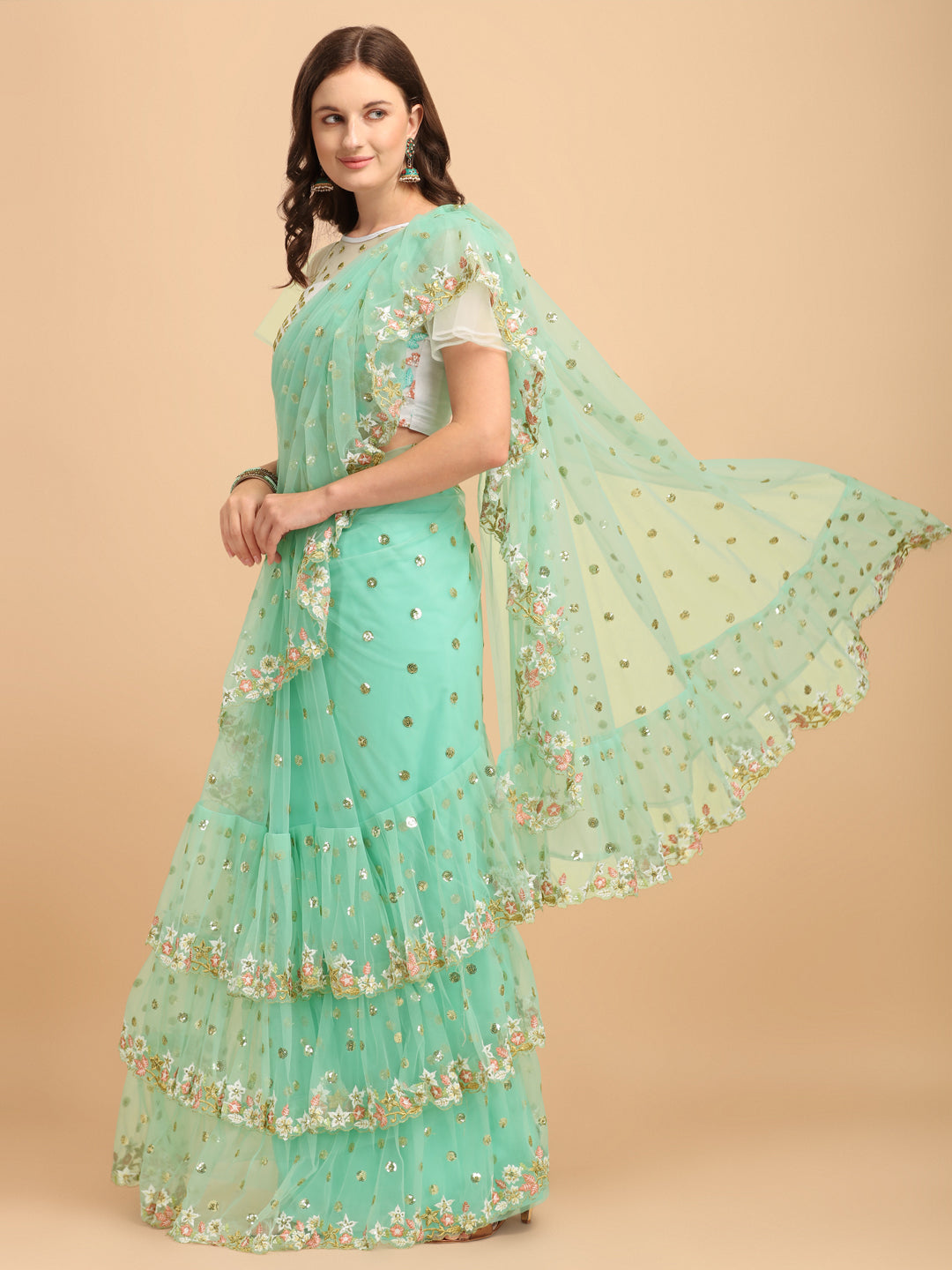Lorenvalley Fashion Seagreen Butterfly Net Ruffle Saree with Fancy Sequene work & Blousec