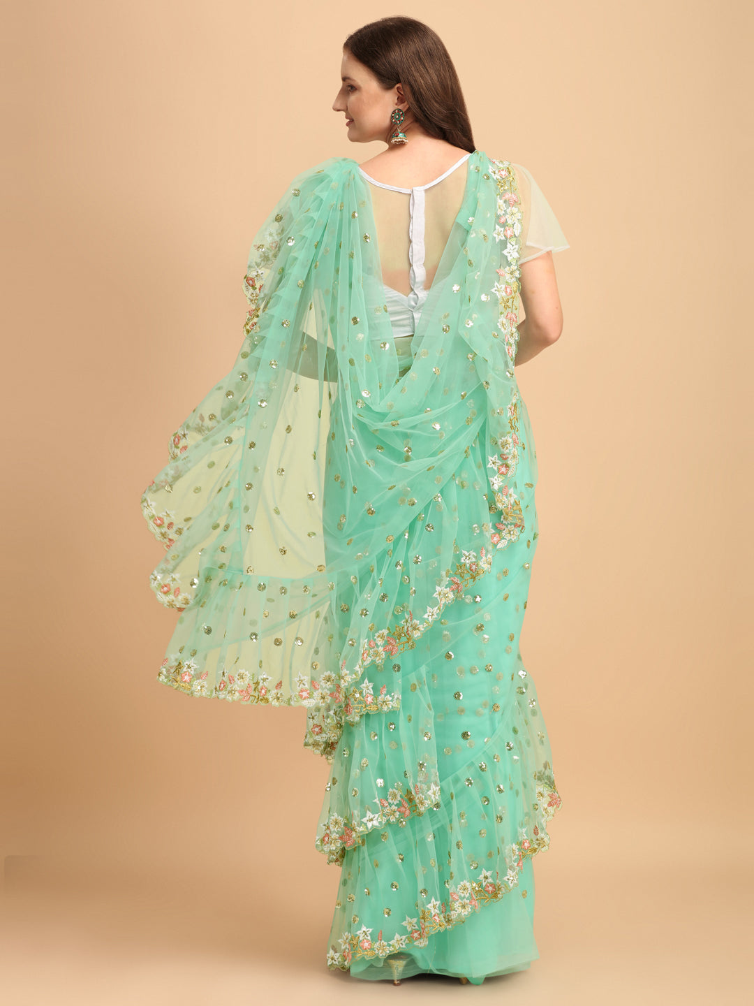 Lorenvalley Fashion Seagreen Butterfly Net Ruffle Saree with Fancy Sequene work & Blousec