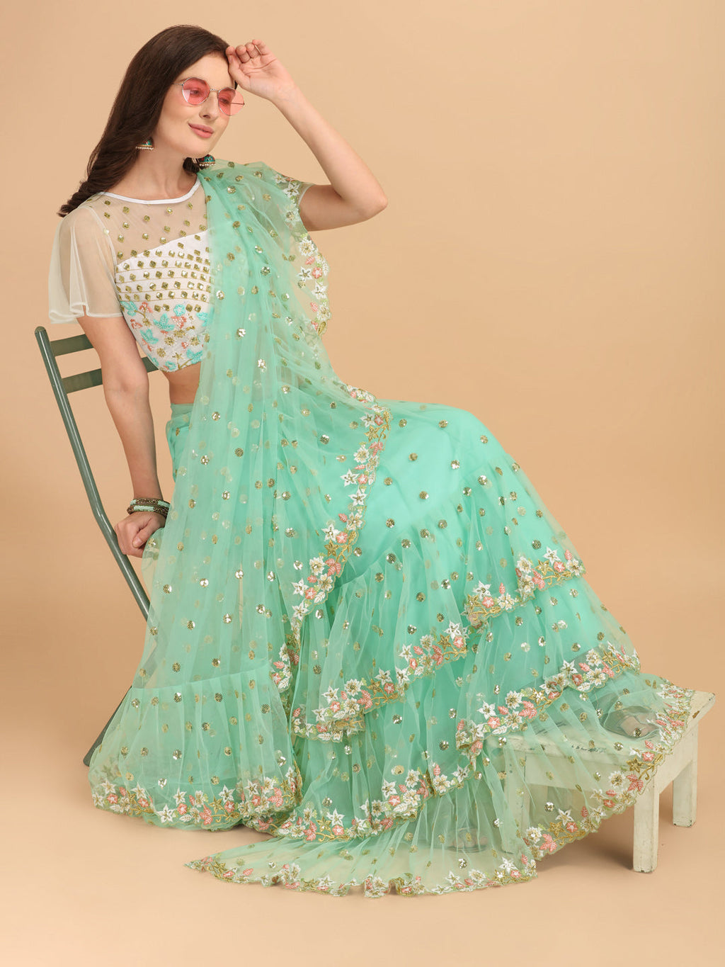 Lorenvalley Fashion Seagreen Butterfly Net Ruffle Saree with Fancy Sequene work & Blousec