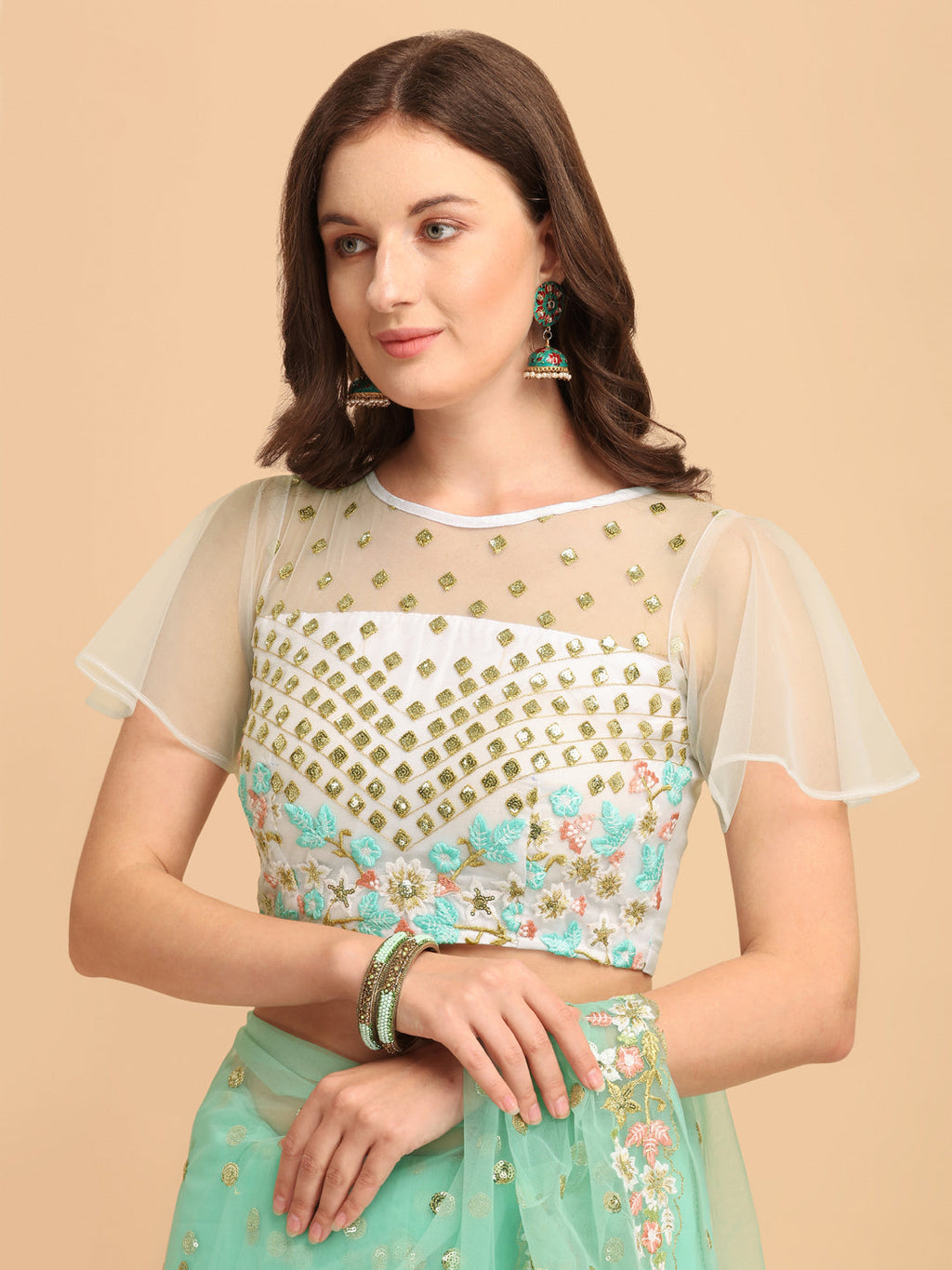 Lorenvalley Fashion Seagreen Butterfly Net Ruffle Saree with Fancy Sequene work & Blousec