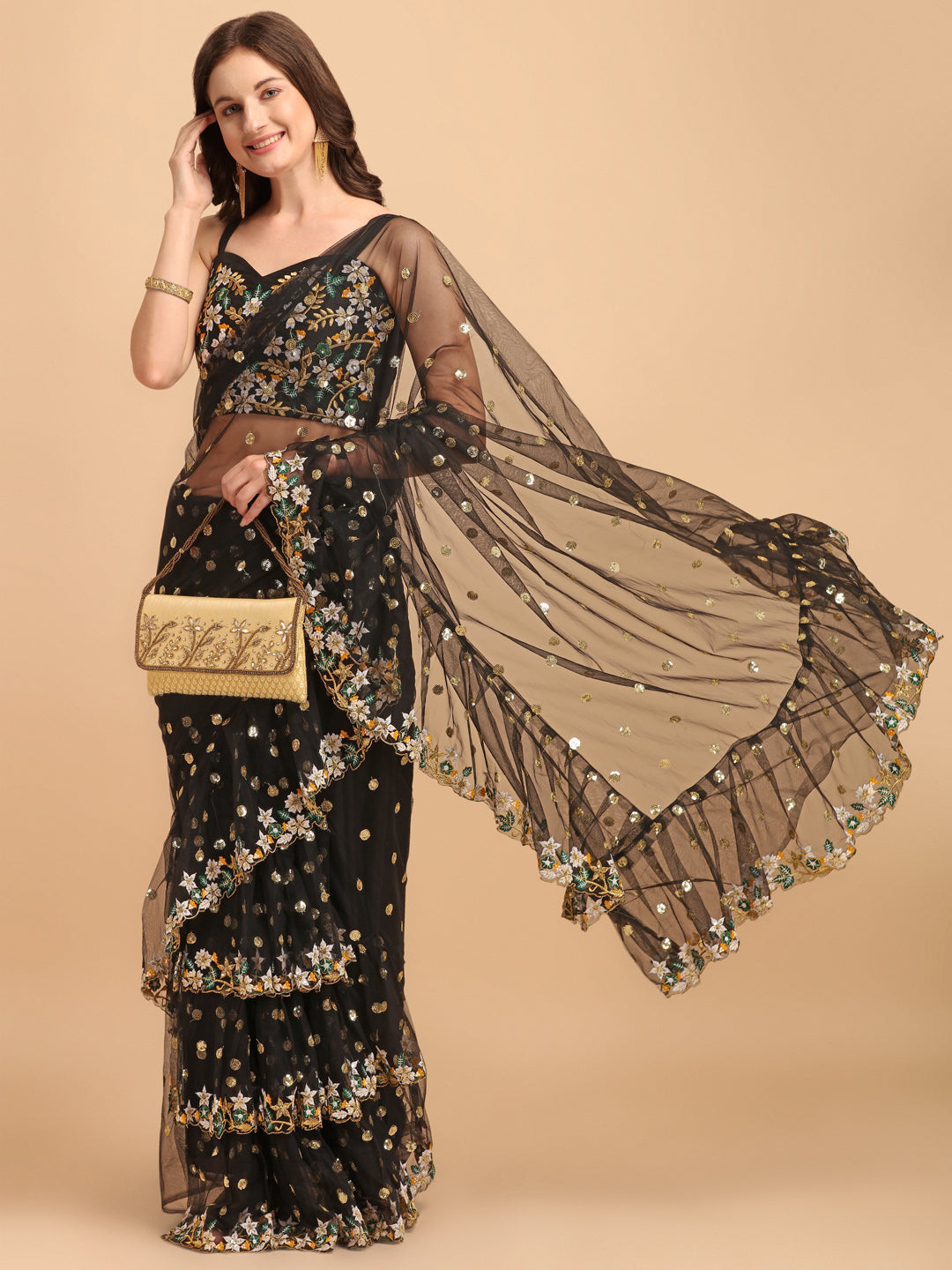 Lorenvalley Fashion Black Butterfly Net Ruffle Saree with Fancy Sequence work & Blouse