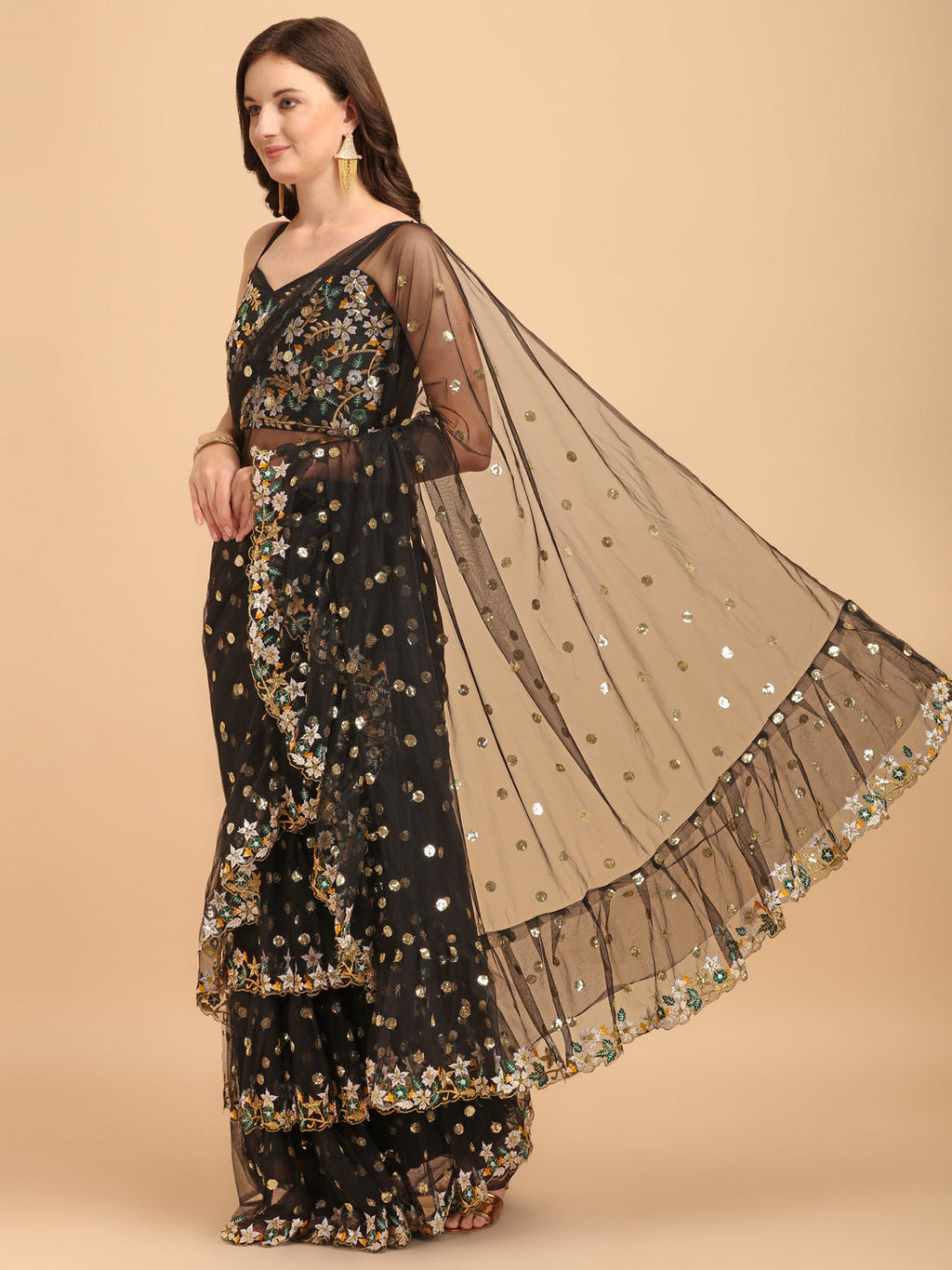 Lorenvalley Fashion Black Butterfly Net Ruffle Saree with Fancy Sequence work & Blouse
