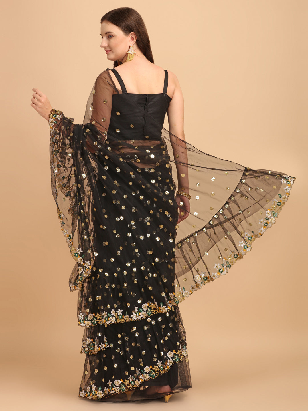 Lorenvalley Fashion Black Butterfly Net Ruffle Saree with Fancy Sequence work & Blouse