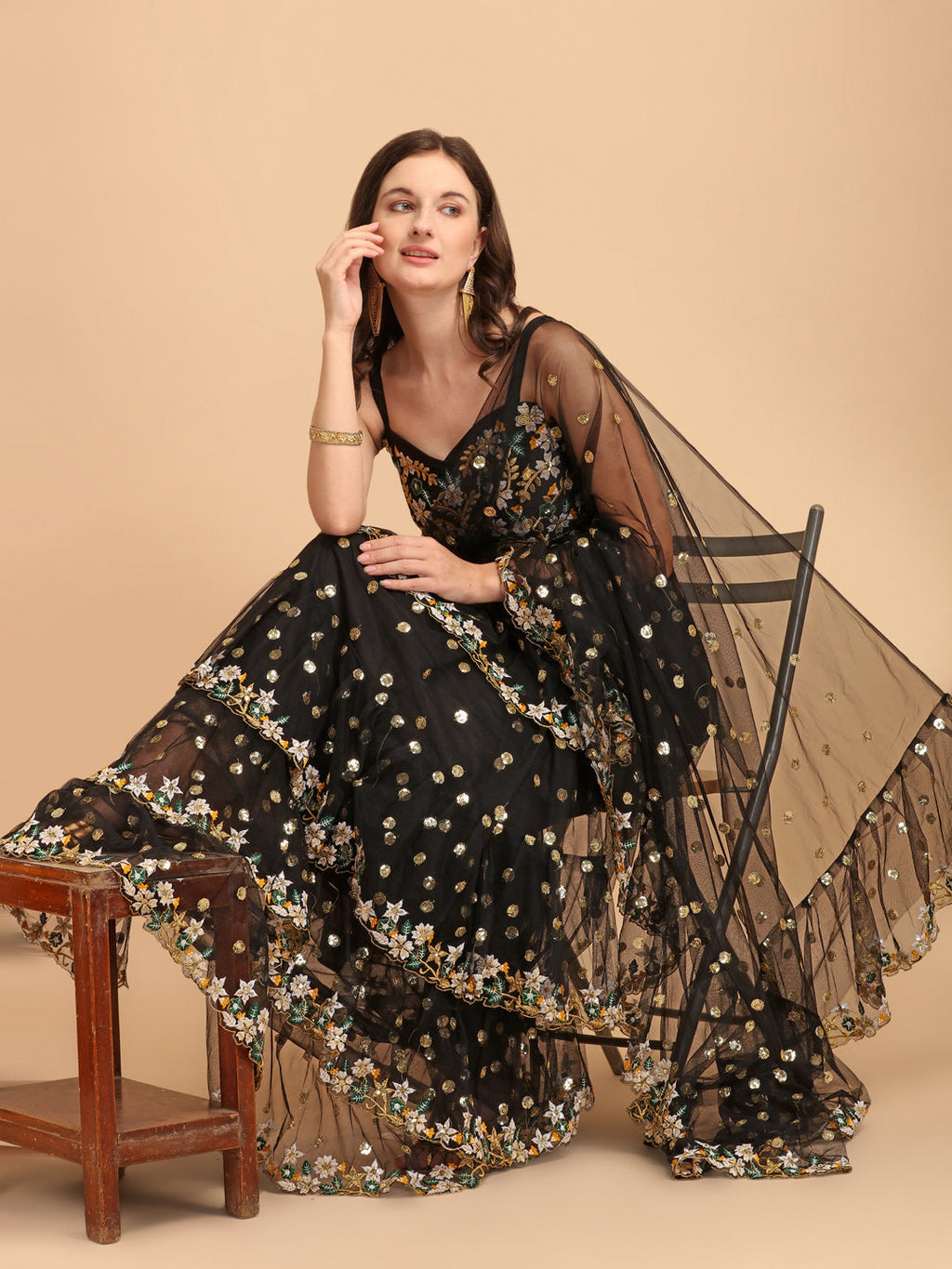Lorenvalley Fashion Black Butterfly Net Ruffle Saree with Fancy Sequence work & Blouse