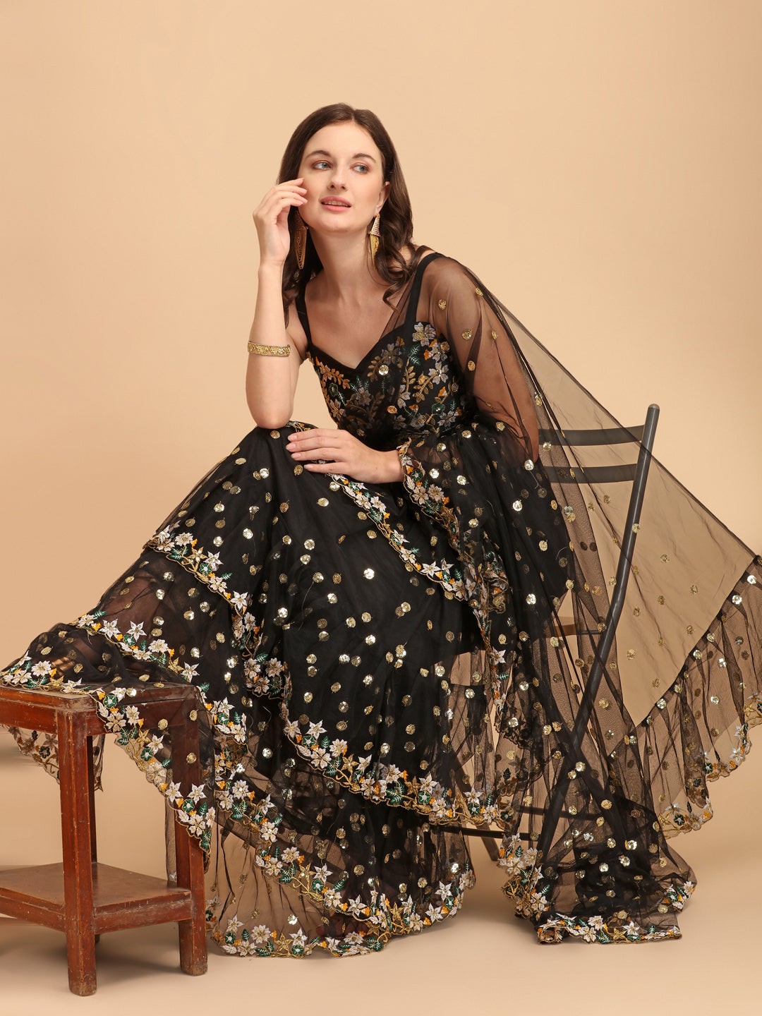 Lorenvalley Fashion Black Butterfly Net Ruffle Saree with Fancy Sequence work & Blouse