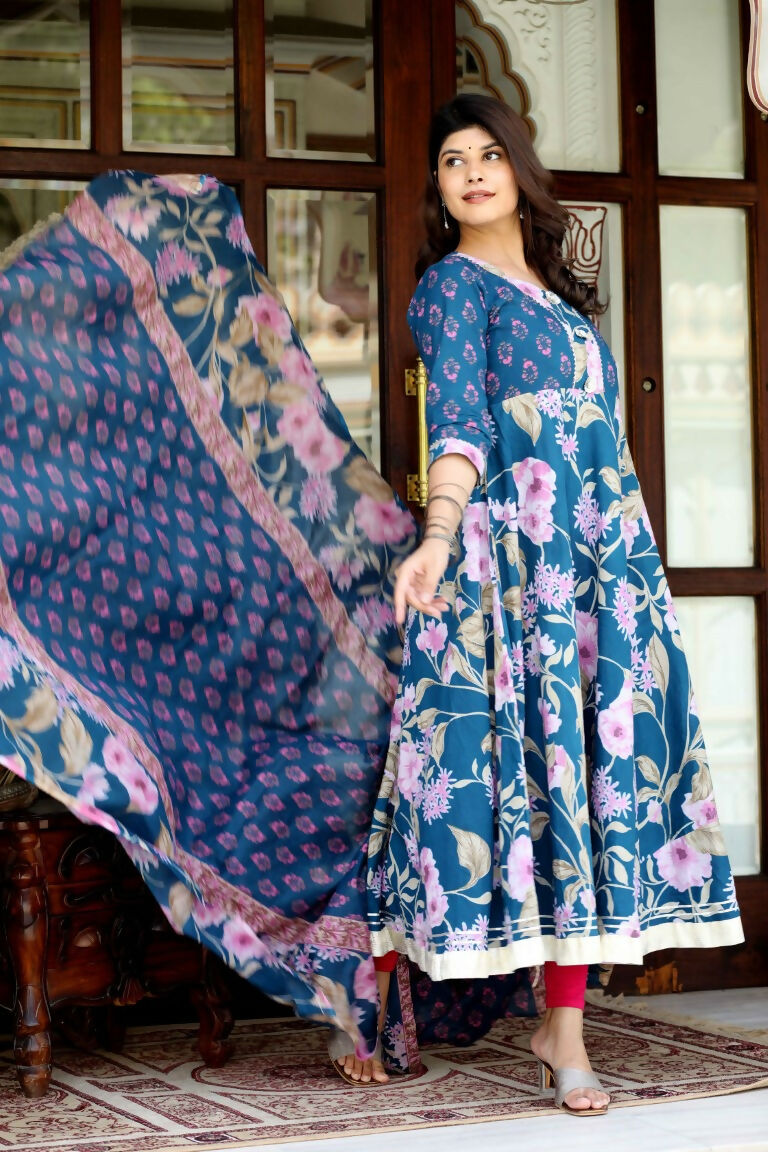 Miravan Women's Flower Printed Blue Anarkali Kurta And Dupatta