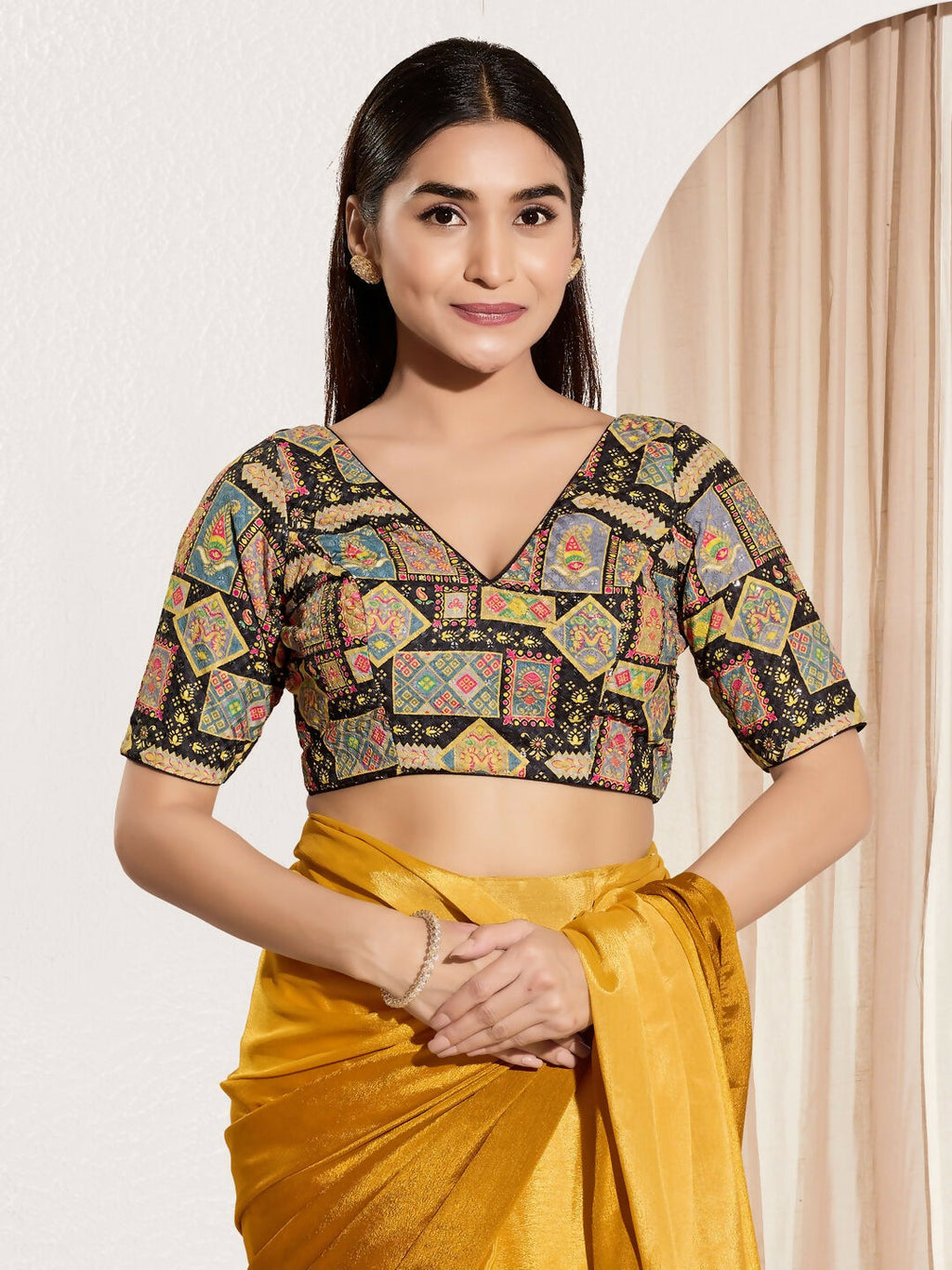 Joban Fashion Black Viscose Rayon Padded Blouse With V Neck Elbow Sleeves