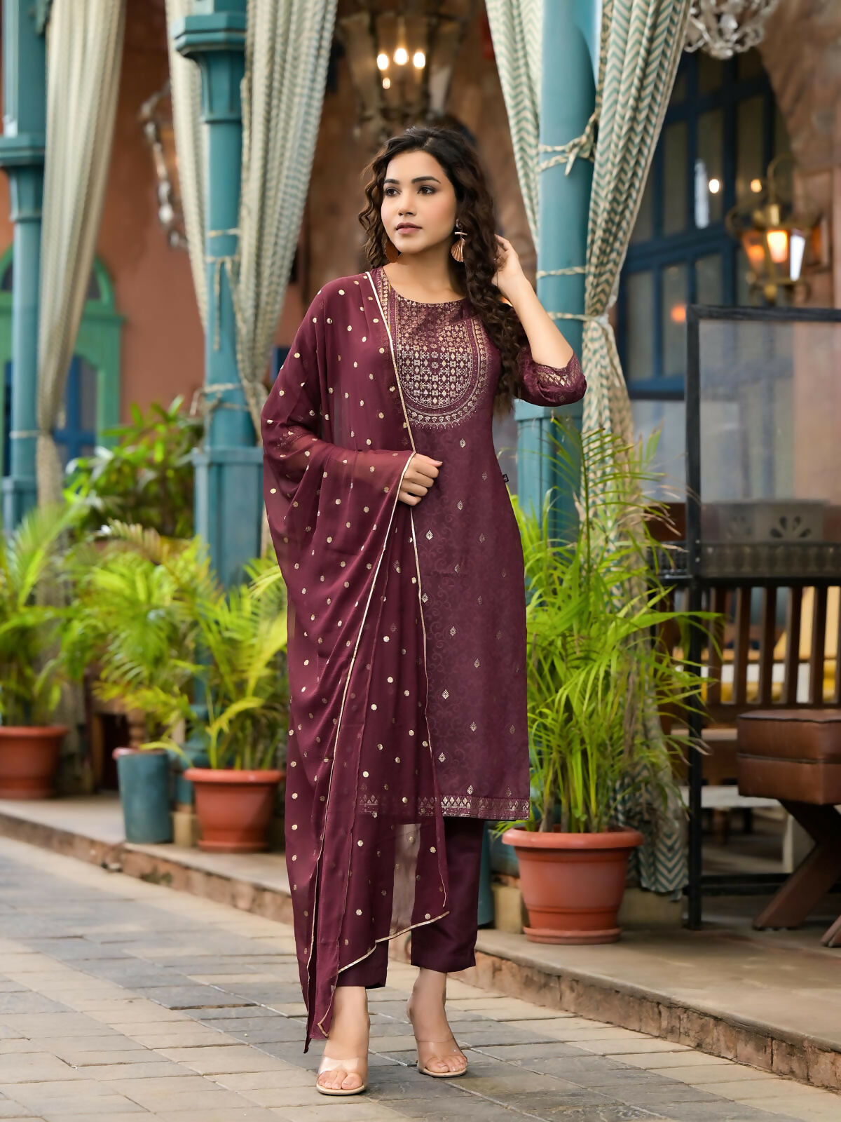 Juniper Women's Wine Ethnic Motif Printed Muslin Kurta Set With Zari Work & Gota Patti