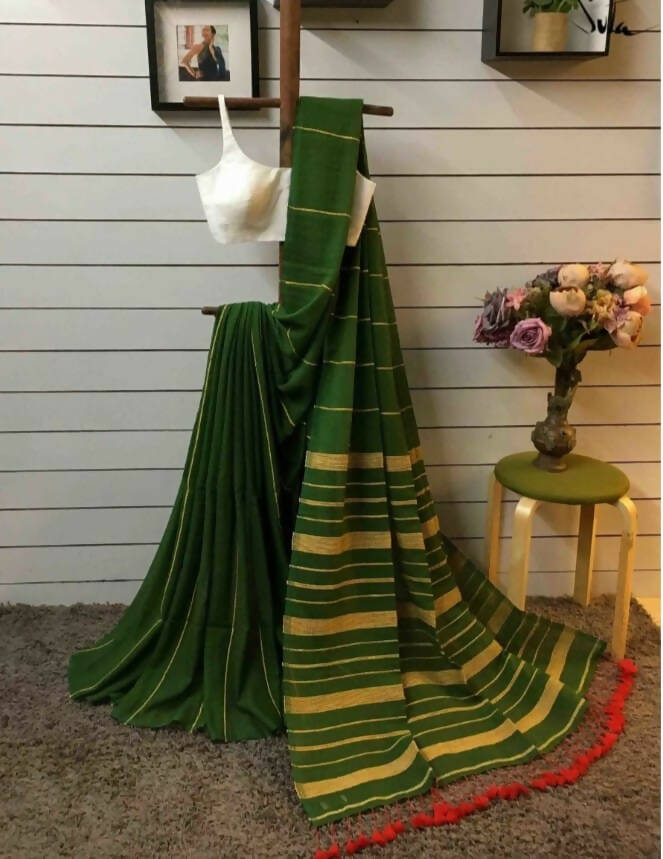 Exclusive Collection Khadi Cotton Handloom Khesh Saree With Blouse Piece - Pesta Green