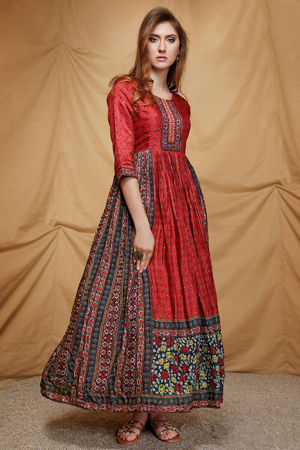 Designer casual Red Maroon Dola Silk Gown - Anbazaar