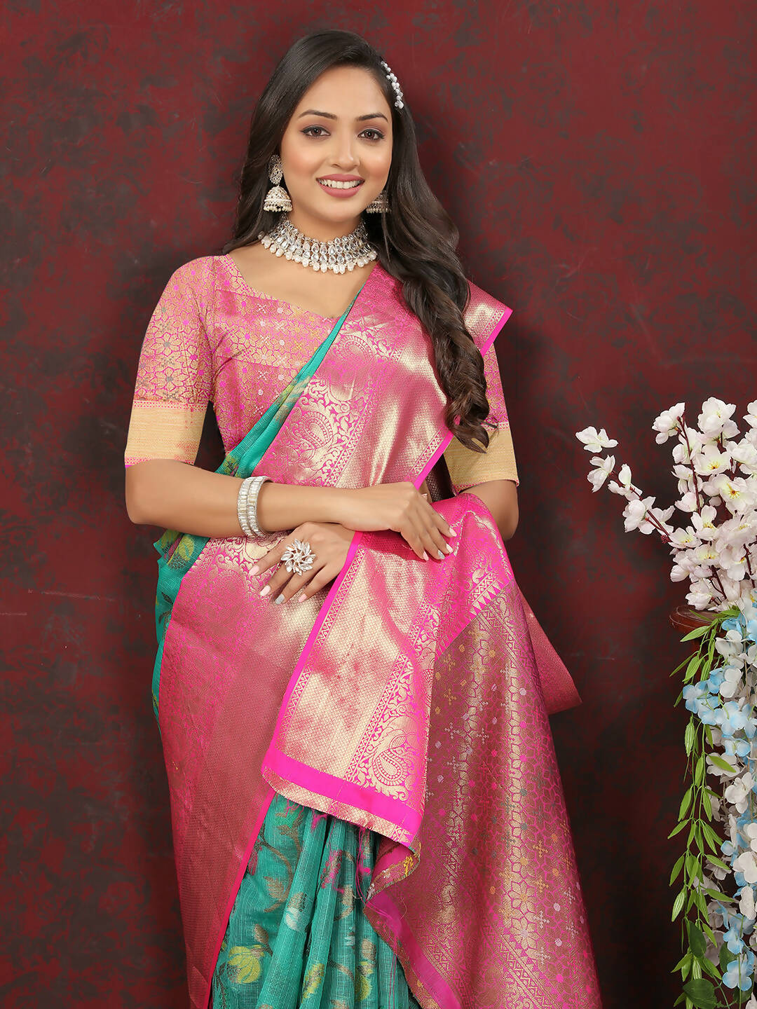Lorenvalley Fashion Teal Cotton Woven Design Zari Meenakari Weaving Saree