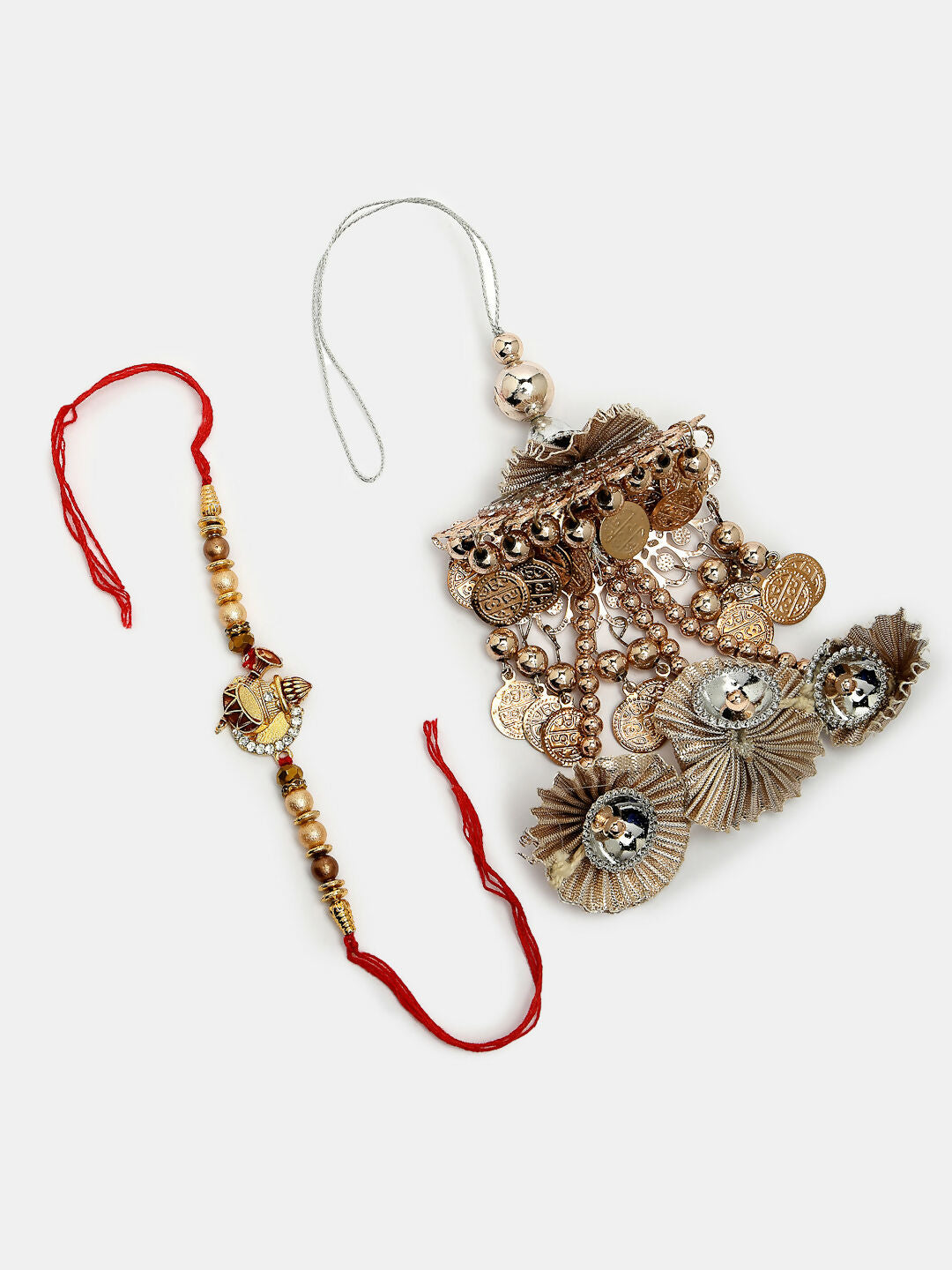 NVR Women & Men Set of 2 Gold Artificial beads Bhaiya Bhabhi Rakhi With Roli Chawal & Chocolate