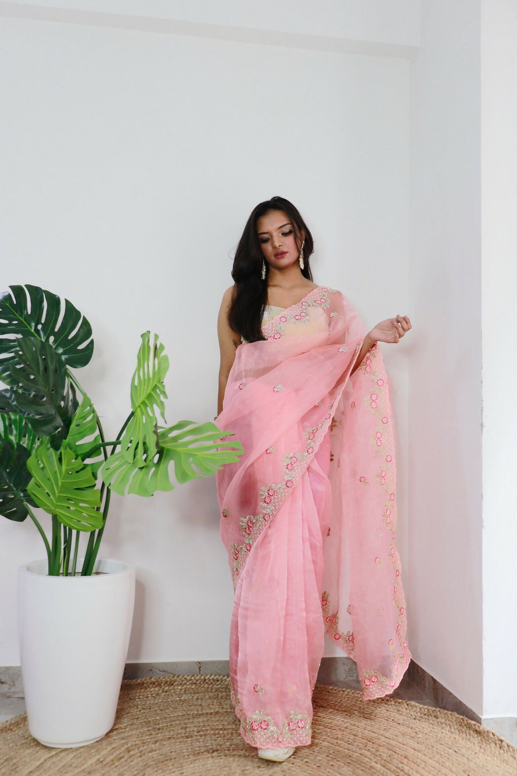 Vamsee Meera Peach Organza Saree