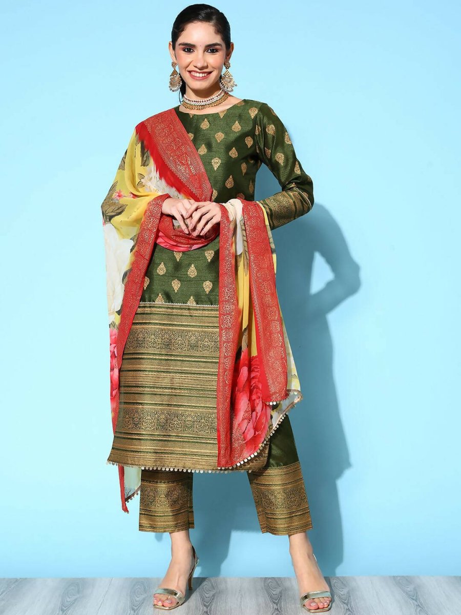 Ahalyaa Women's Olive Colour Poly Silk Gold Printed Kurta Pant Set With Dupatta