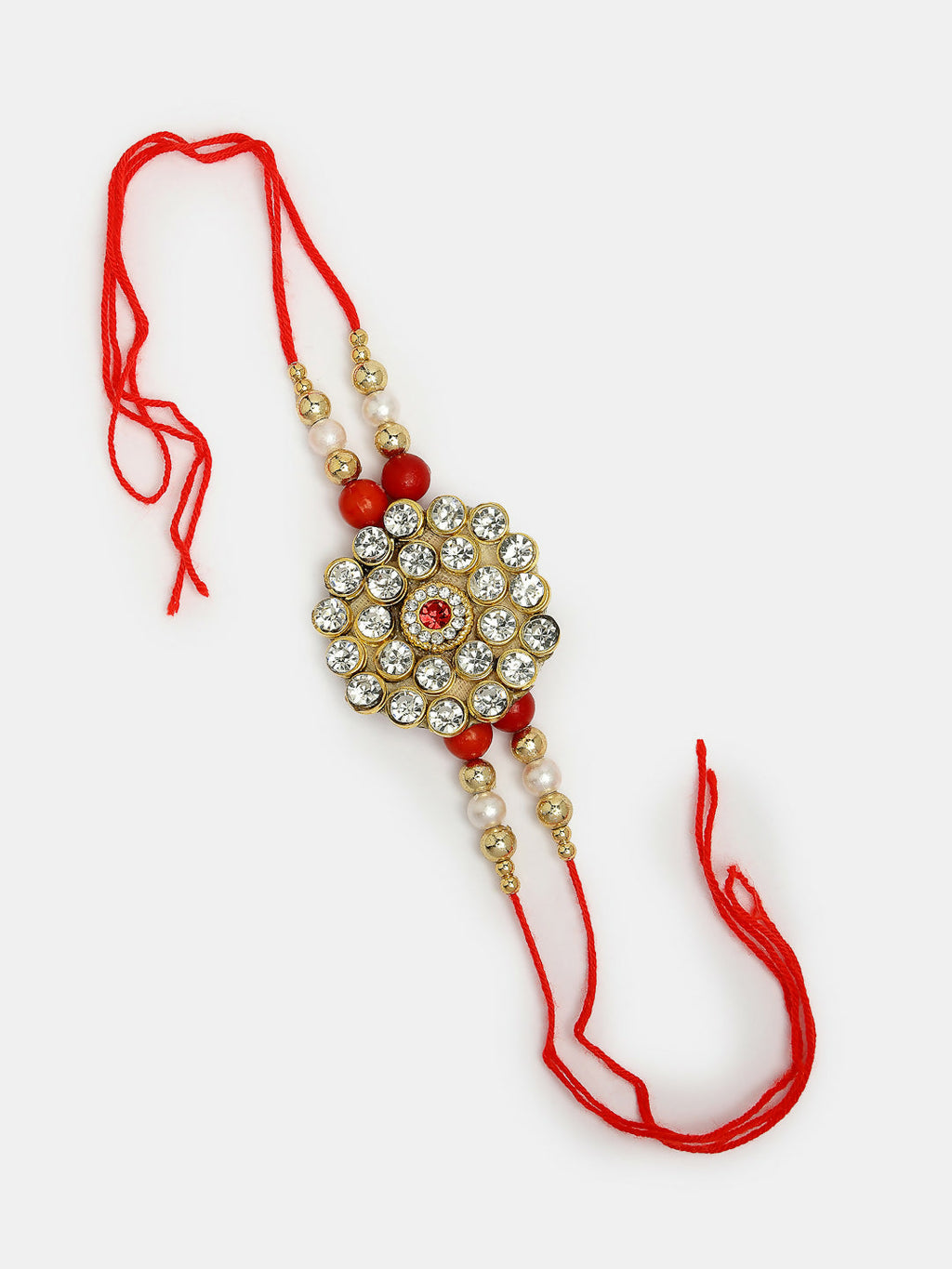 NVR Women & Men Set of 2 Red & Gold-Toned Stone-Studded & Beaded Bhaiya Bhabhi Rakhi With Roli Chawal