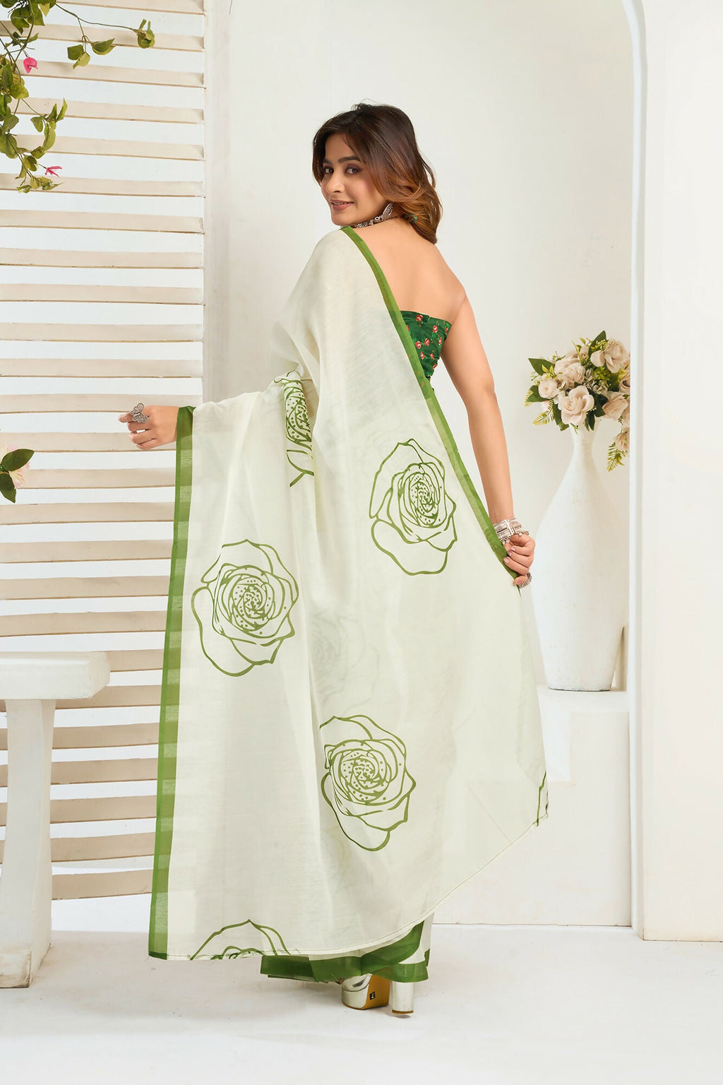 Vastranavya Green Digital Printed Linen Ready To Wear Designer Saree with Unstitched Blouse