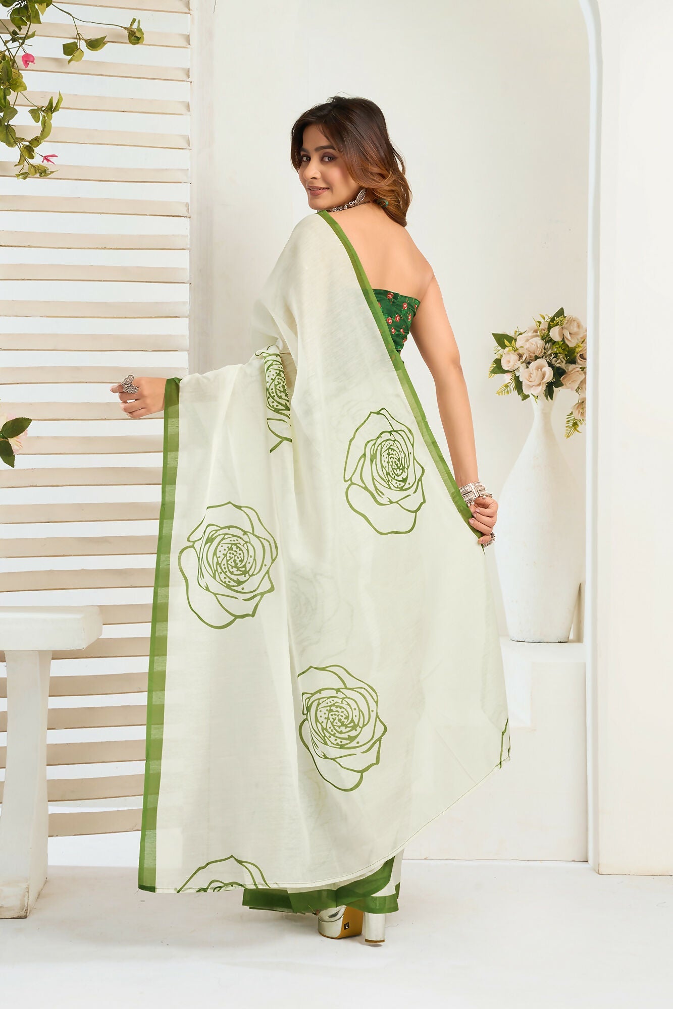 Vastranavya Green Digital Printed Linen Ready To Wear Designer Saree with Unstitched Blouse