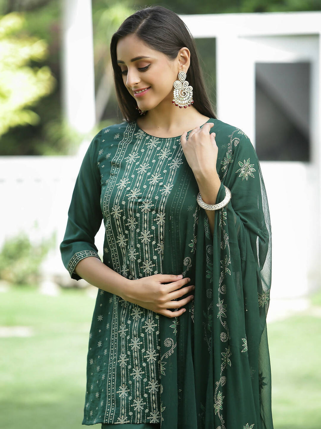 Juniper Green Mono Viscose Festive Wear Printed Straight Kurta Sharara Dupatta Set