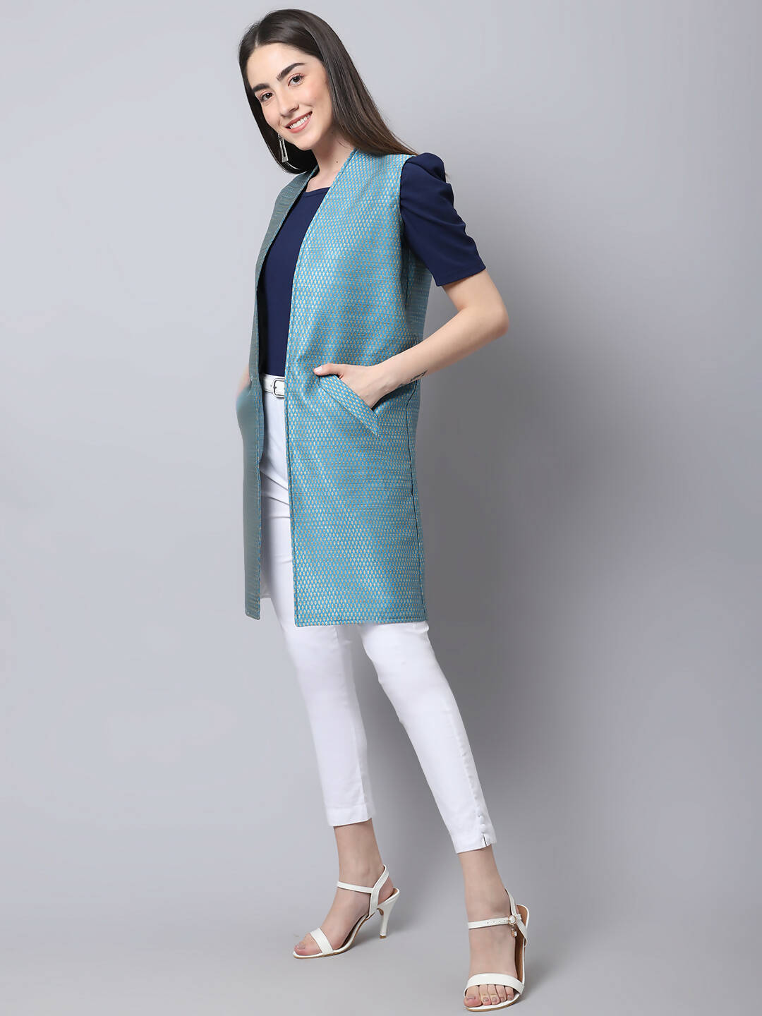 Even Apparels Blue Bansari Silk Open Front Women's Long Coat