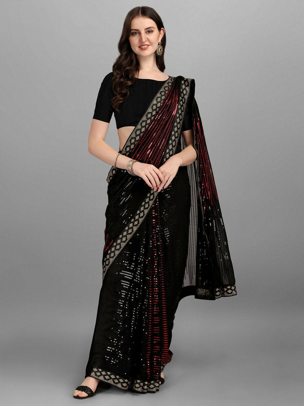 Vegaa Fashion Black Georgette Embroidered Party Wear Saree