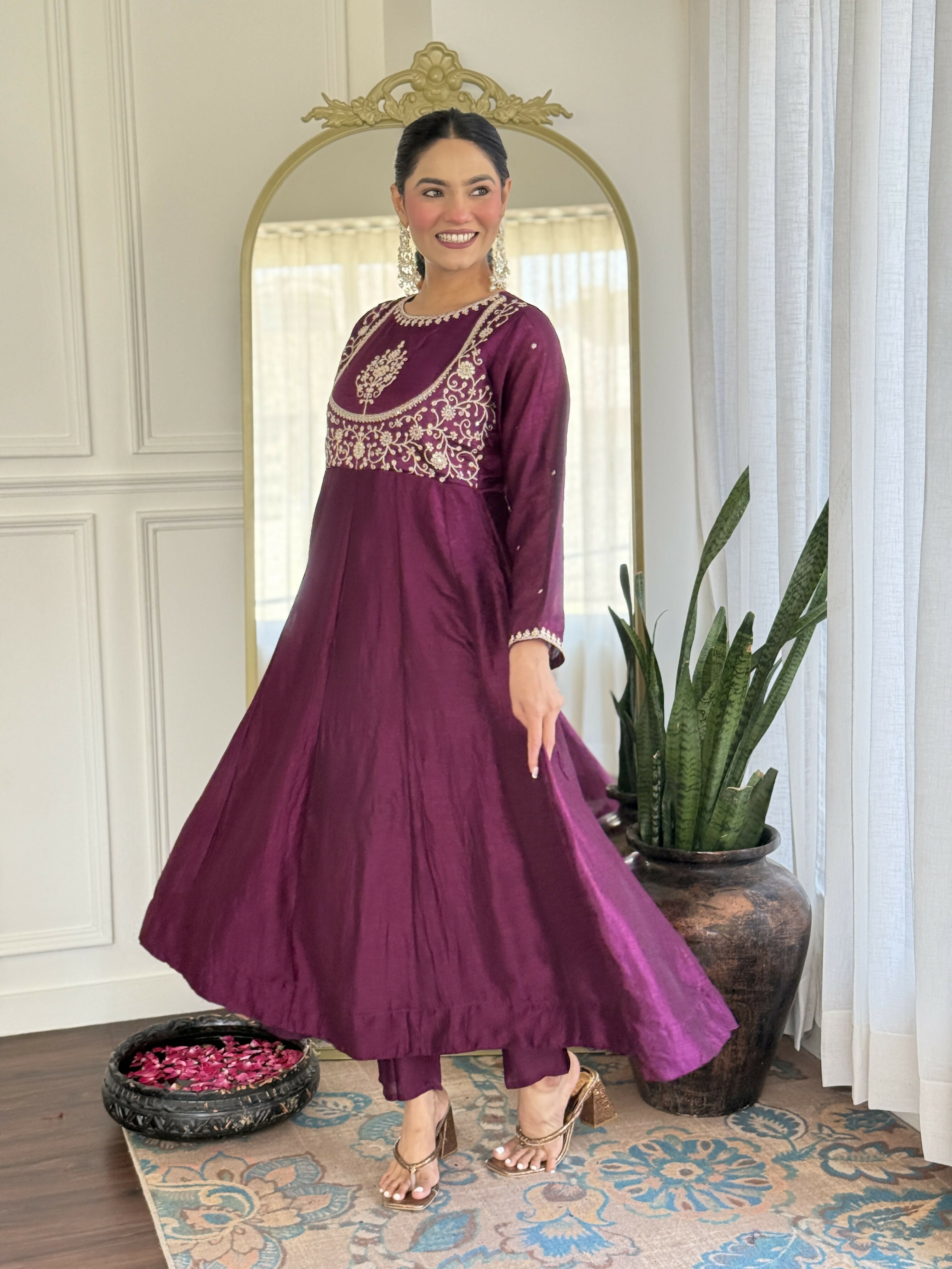 The52 Purple Women's Gorgeous Embroidered Vichitra Silk Fabric Flared Kurta Pant with Dupatta Set