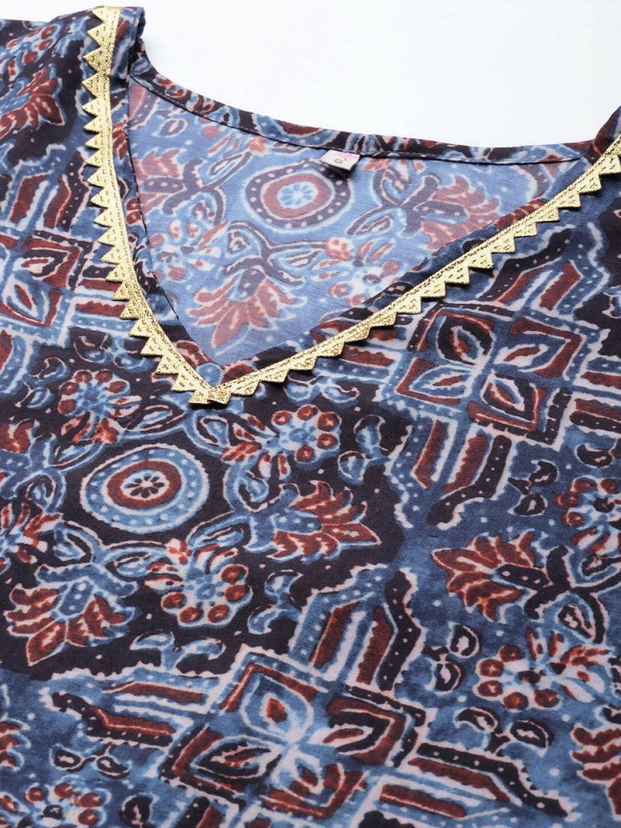 Ahalyaa Navy Blue & Maroon Floral Print Kaftan Kurta