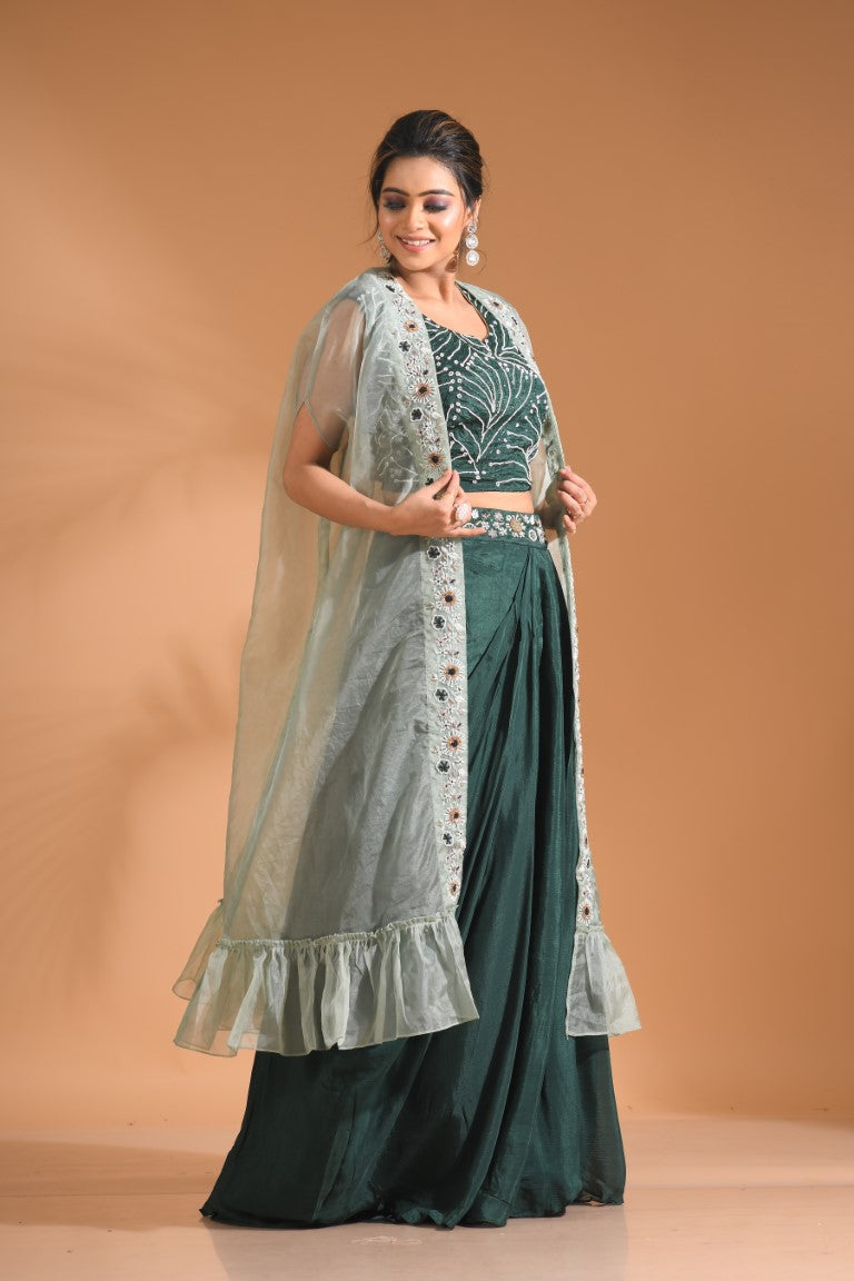 Morchari Co Ord Set With Long Jacket Hand Embroidery - Green