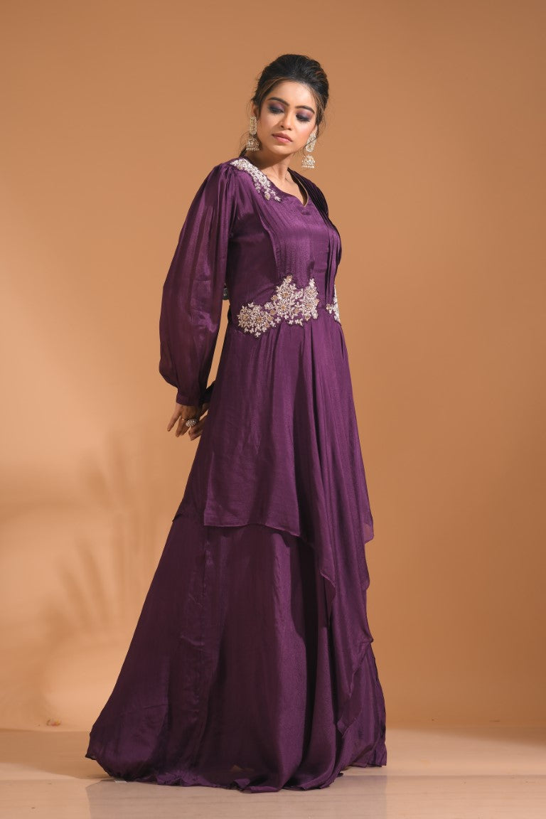 Morchari Long Gown With Hand Embroidery - Wine
