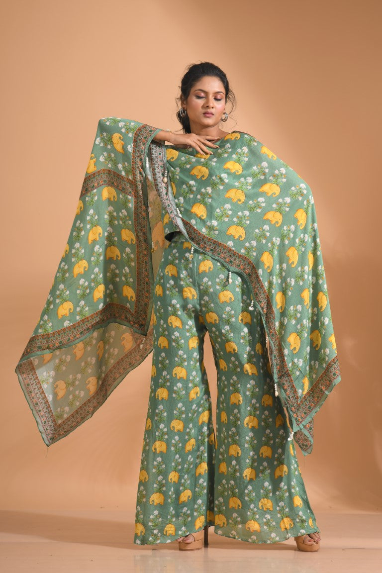 Morchari Kaftan Set With Hand Embroidery - Green