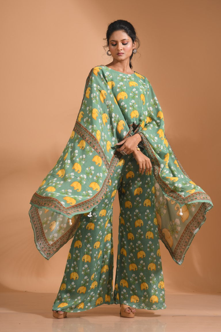 Morchari Kaftan Set With Hand Embroidery - Green