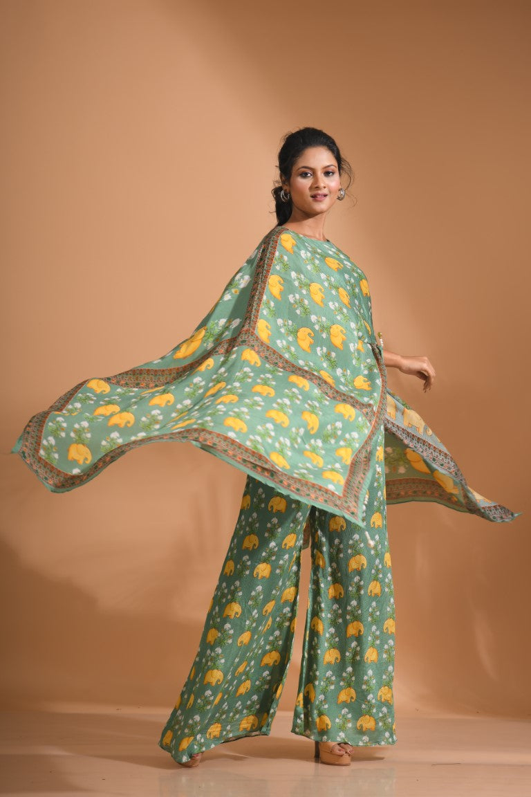 Morchari Kaftan Set With Hand Embroidery - Green