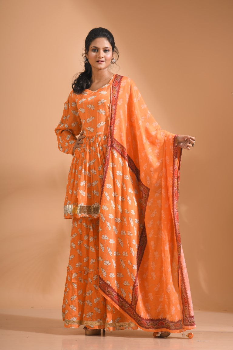 Morchari Sharara Top Set With Dupatta - Orange