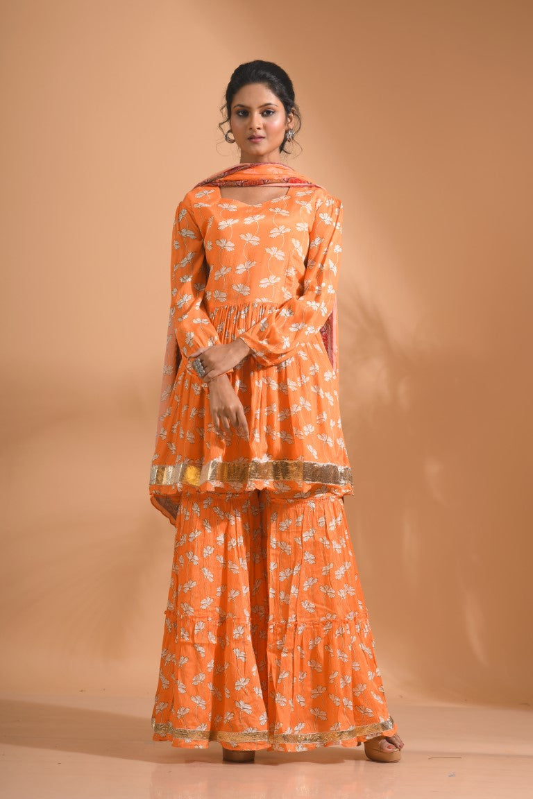 Morchari Sharara Top Set With Dupatta - Orange